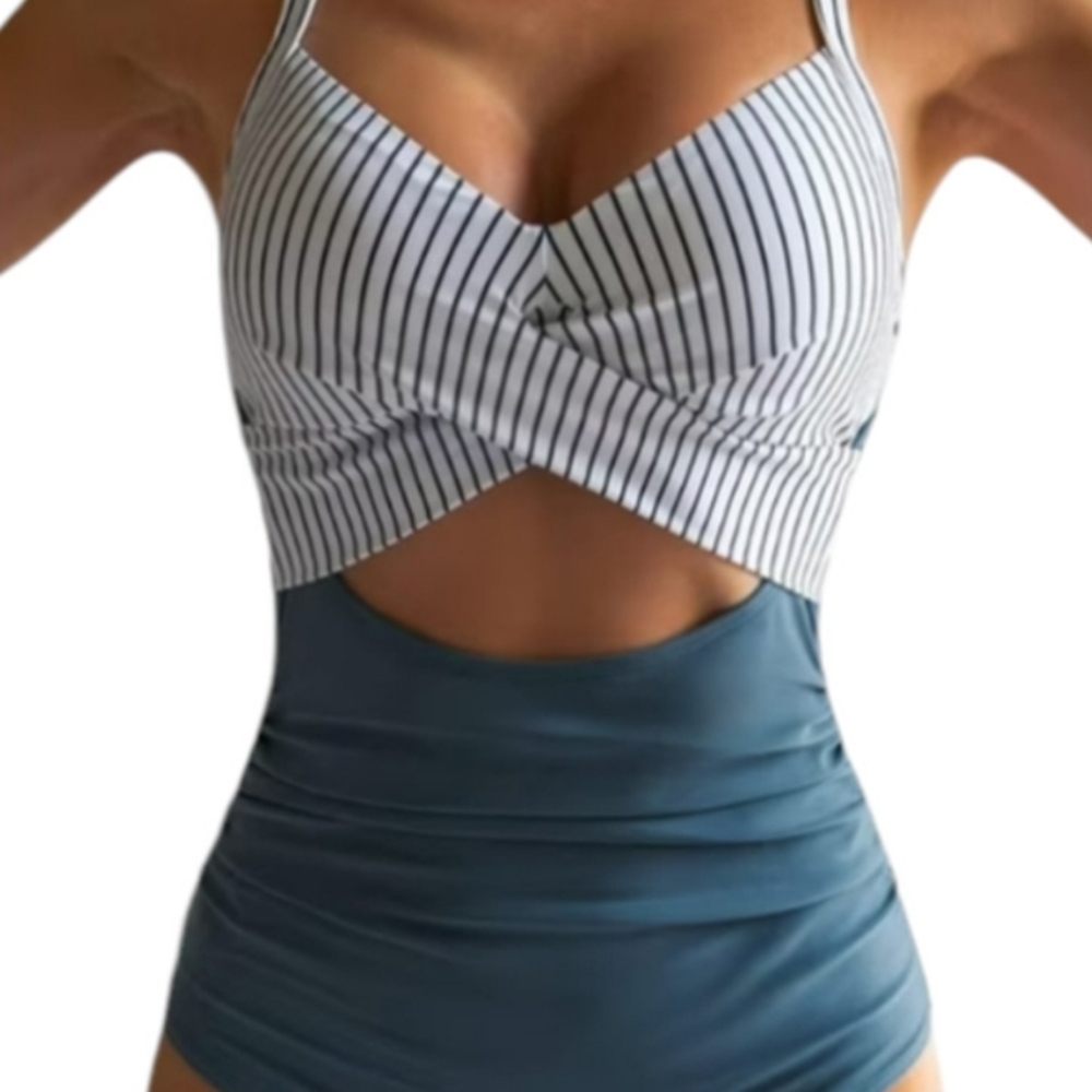 Striped Swimsuit with Teal Bottom